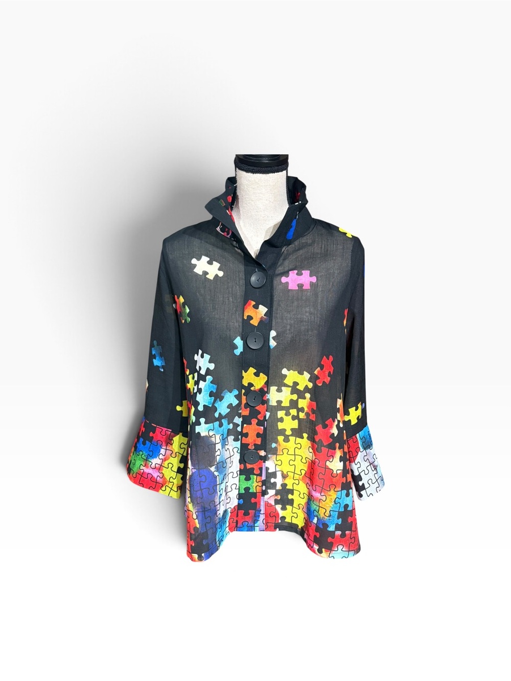 DAMEE Puzzle Piece Shirt/Jacket Semi Sheer Wired Collar Sz M Art Colorful